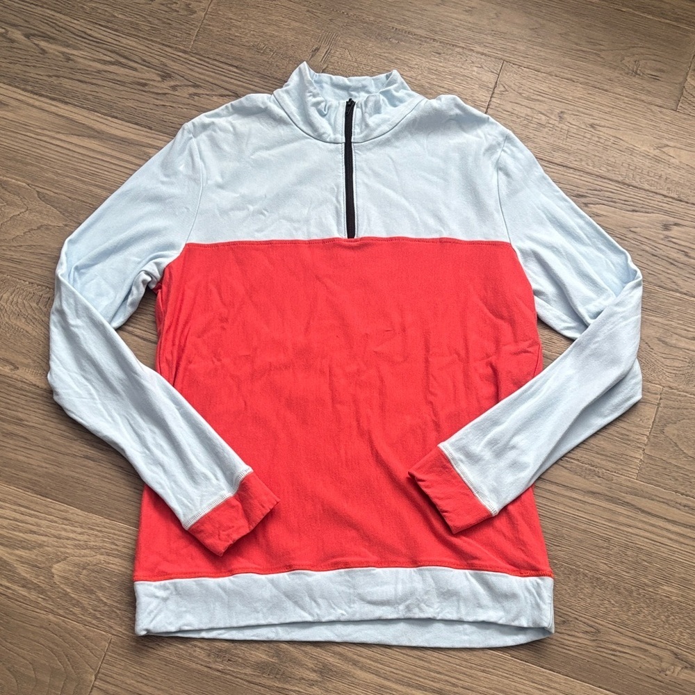 Buttercream Clothing | Colorblock Half-Zip Pullover - Light Blue & Coral Red XL